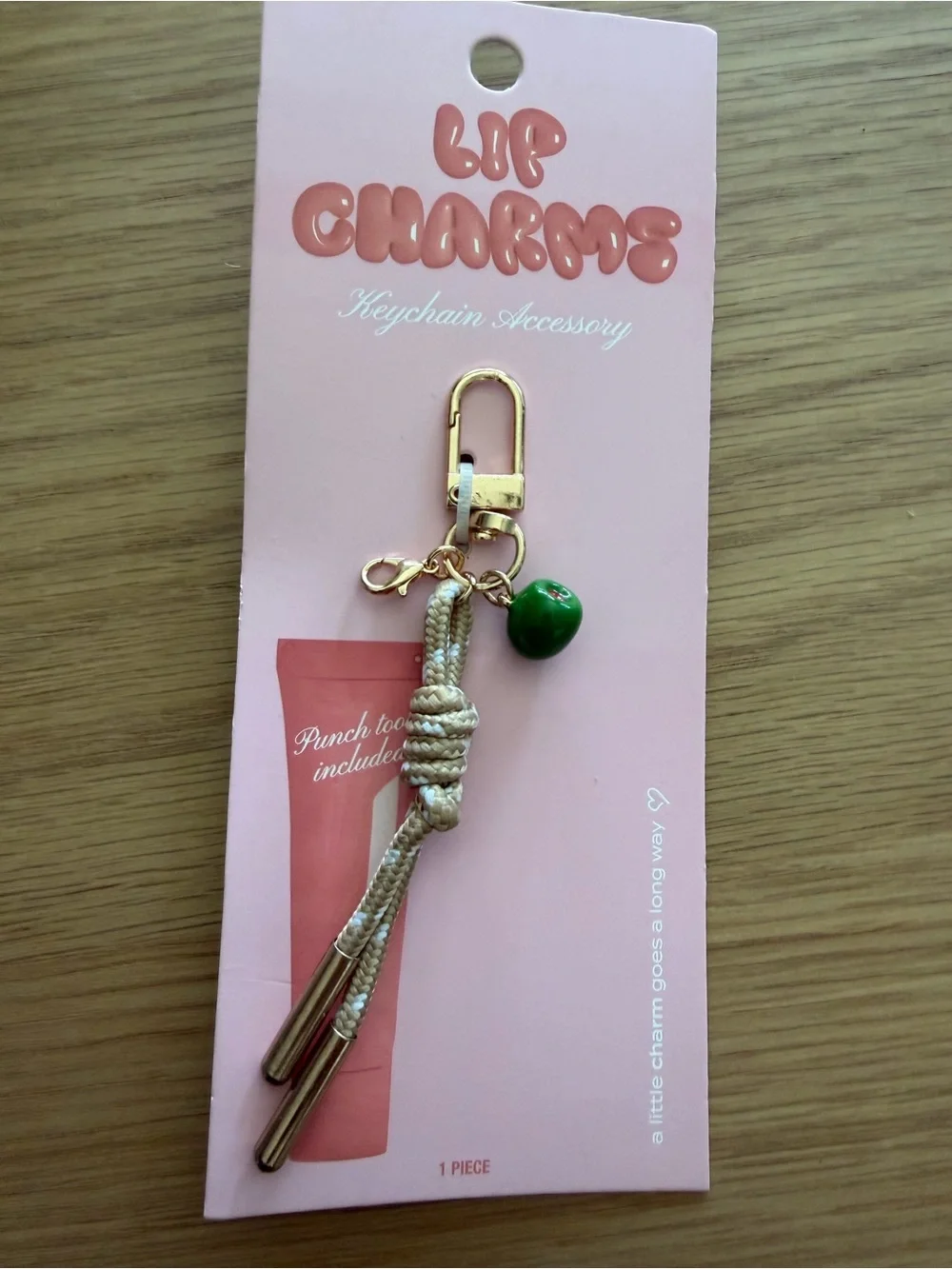 Lip Charm - Beige Rope & Green Charm Keychain Accessory